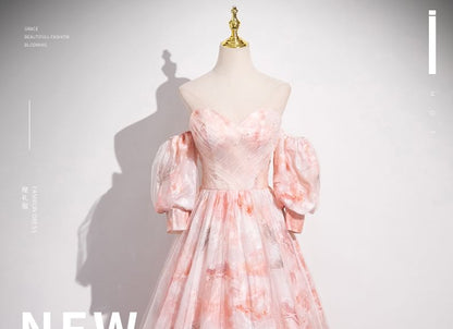 Set: Strapless Sweetheart Neckline Floral Print A-Line Evening Gown + Arm Sleeves