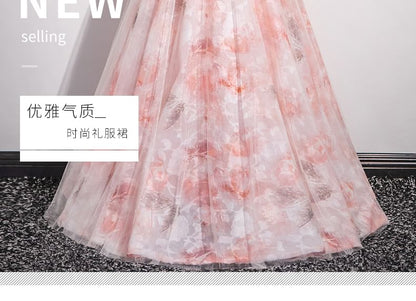 Gown Arm Strapless Floral A-Line Set: Sweetheart Evening Print Sleeves Neckline +