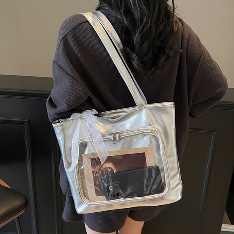 Panel Tote PVC Leather Faux Bag Plain