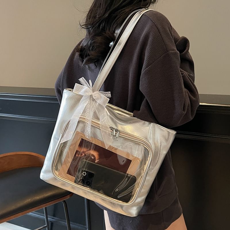 Panel Tote PVC Leather Faux Bag Plain