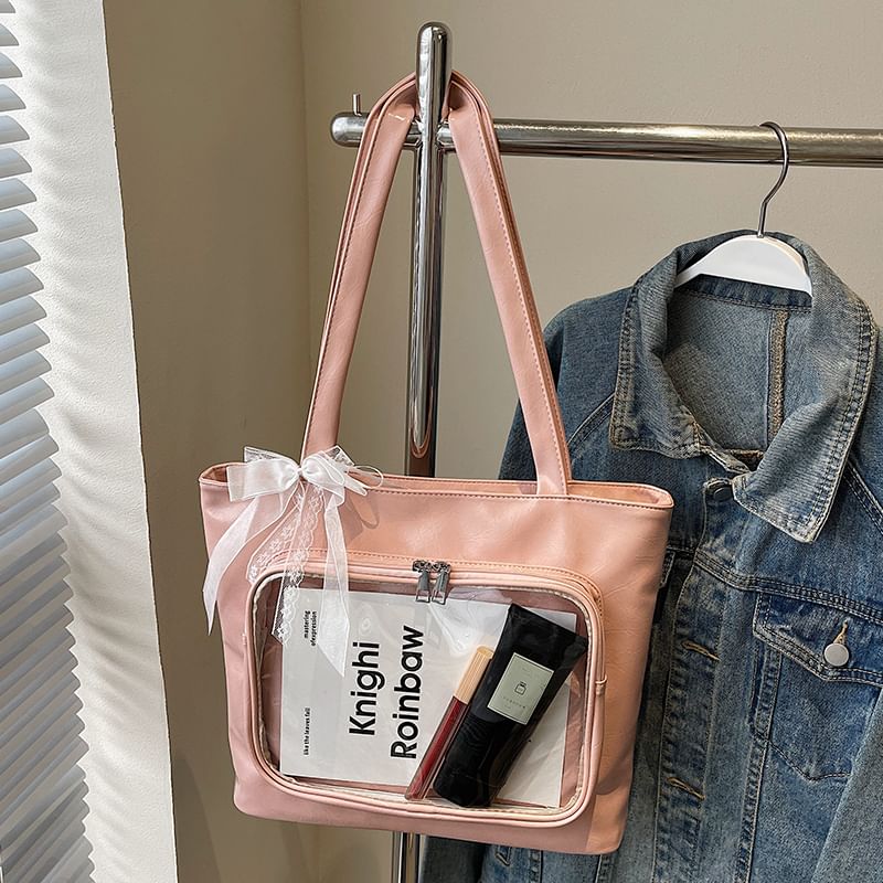 Panel Tote PVC Leather Faux Bag Plain