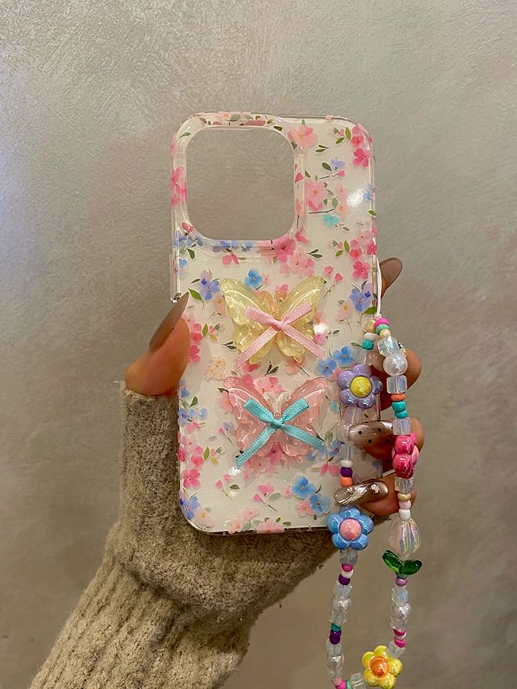 Floral Phone Case / Ribbon Adhesive Decoration / Strap / Set