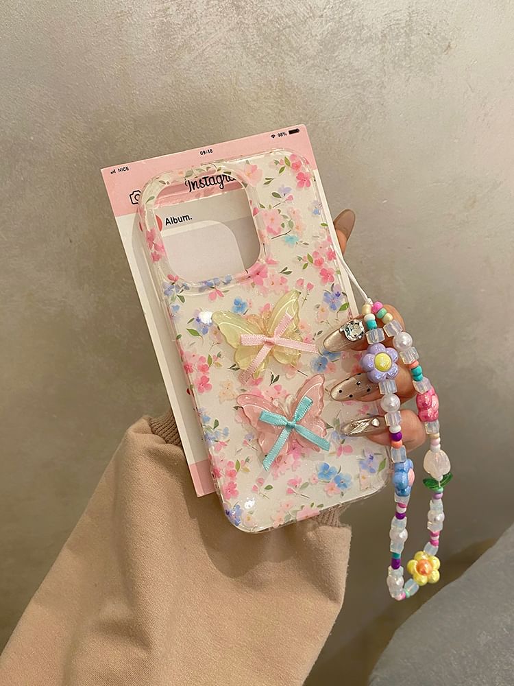 Floral Phone Case / Ribbon Adhesive Decoration / Strap / Set