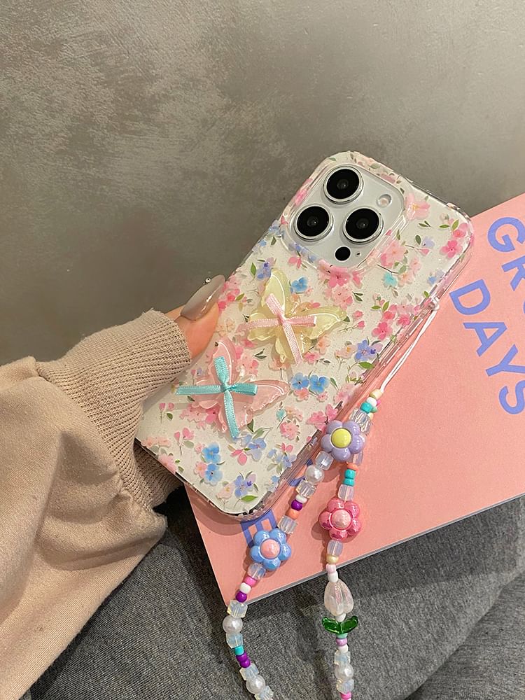 Floral Phone Case / Ribbon Adhesive Decoration / Strap / Set
