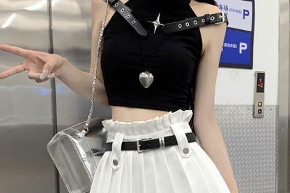 High Rise Plain Belted Pleated Mini A-Line Skirt