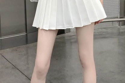 High Rise Plain Belted Pleated Mini A-Line Skirt