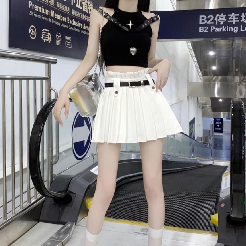 High Rise Plain Belted Pleated Mini A-Line Skirt