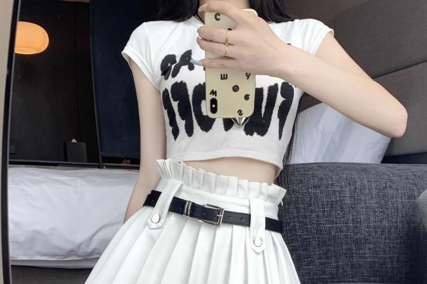 High Rise Plain Belted Pleated Mini A-Line Skirt