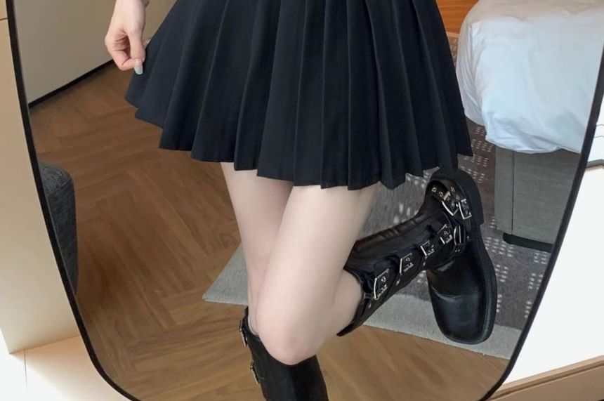 High Rise Plain Belted Pleated Mini A-Line Skirt