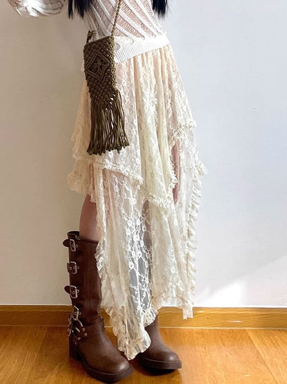 High Rise Plain Lace Midi A-Line Skirt