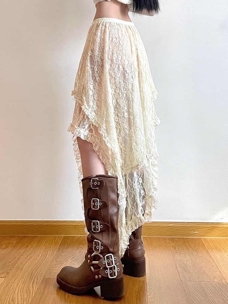 High Rise Plain Lace Midi A-Line Skirt