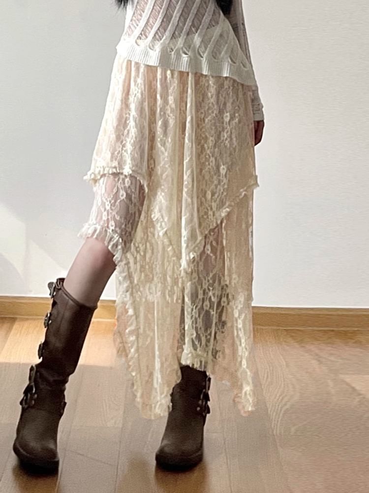 High Rise Plain Lace Midi A-Line Skirt