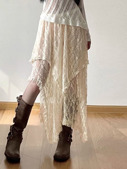 High Rise Plain Lace Midi A-Line Skirt