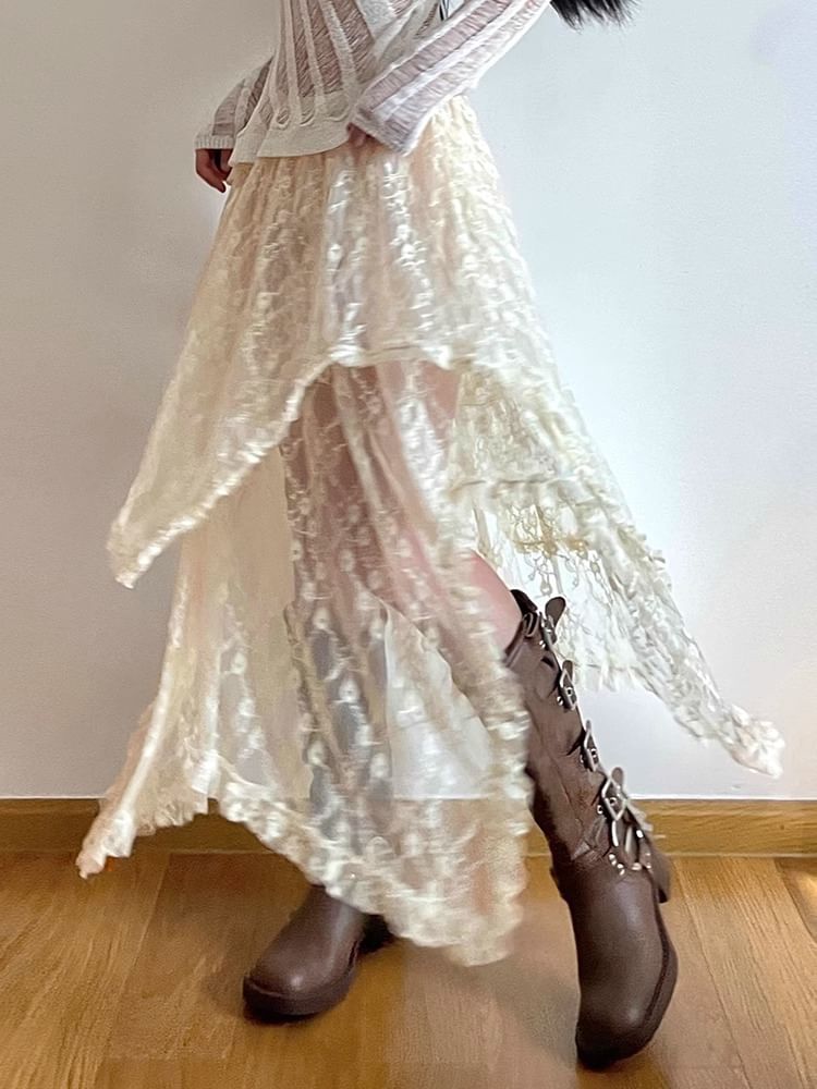 High Rise Plain Lace Midi A-Line Skirt