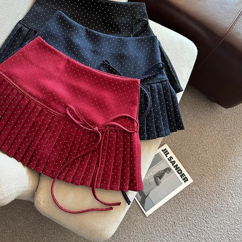 High Rise Dotted Mini Pleated A-Line Skirt