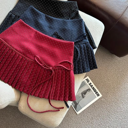 High Rise Dotted Mini Pleated A-Line Skirt