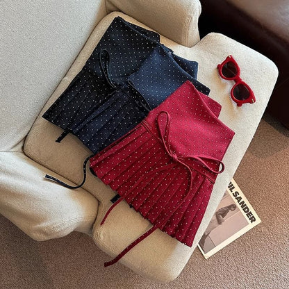 High Rise Dotted Mini Pleated A-Line Skirt