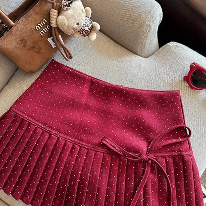 High Rise Dotted Mini Pleated A-Line Skirt