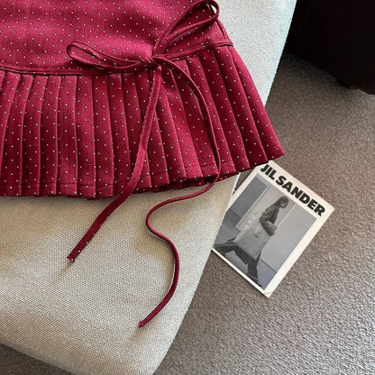 High Rise Dotted Mini Pleated A-Line Skirt