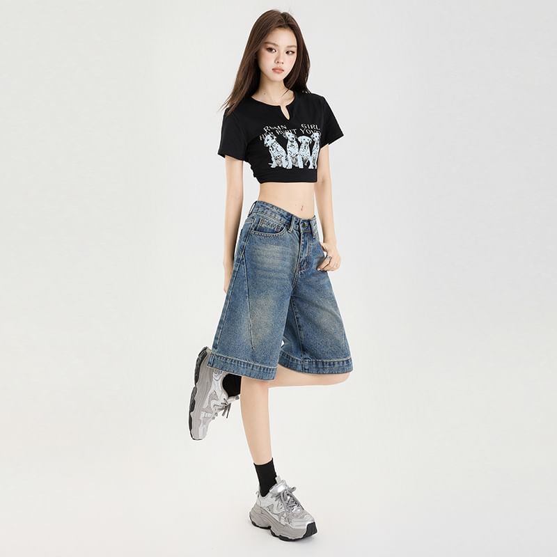 Mid Rise Washed Wide Leg Jorts