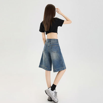 Mid Rise Washed Wide Leg Jorts