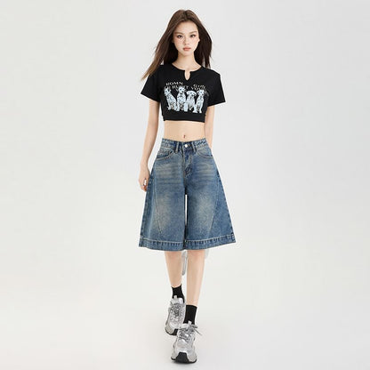 Mid Rise Washed Wide Leg Jorts