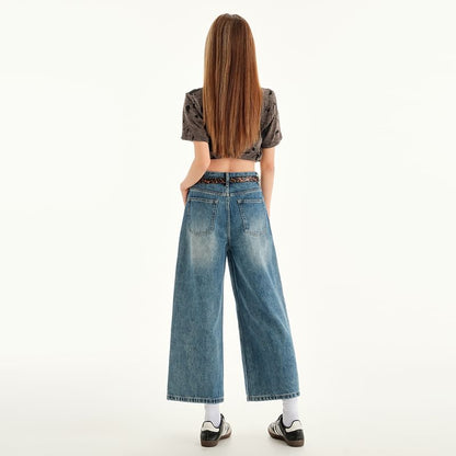 Mid Rise Washed Cropped Wide Leg Jeans