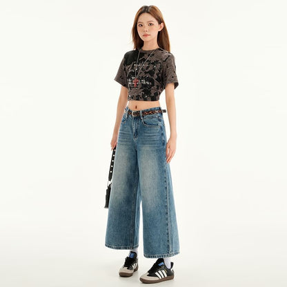 Mid Rise Washed Cropped Wide Leg Jeans