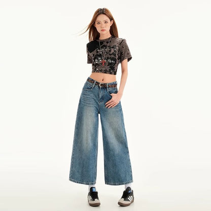 Mid Rise Washed Cropped Wide Leg Jeans