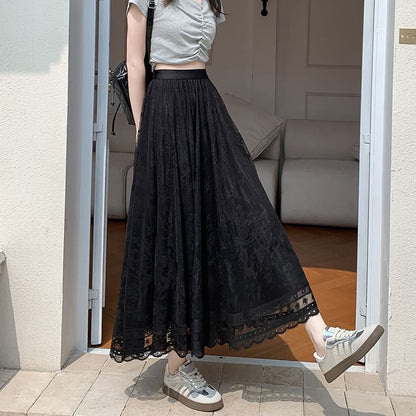 High Waist Lace Midi A-Line Skirt