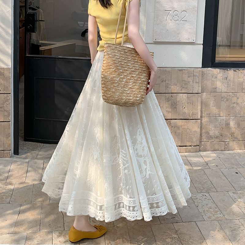 High Waist Lace Midi A-Line Skirt