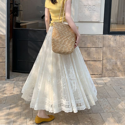 High Waist Lace Midi A-Line Skirt