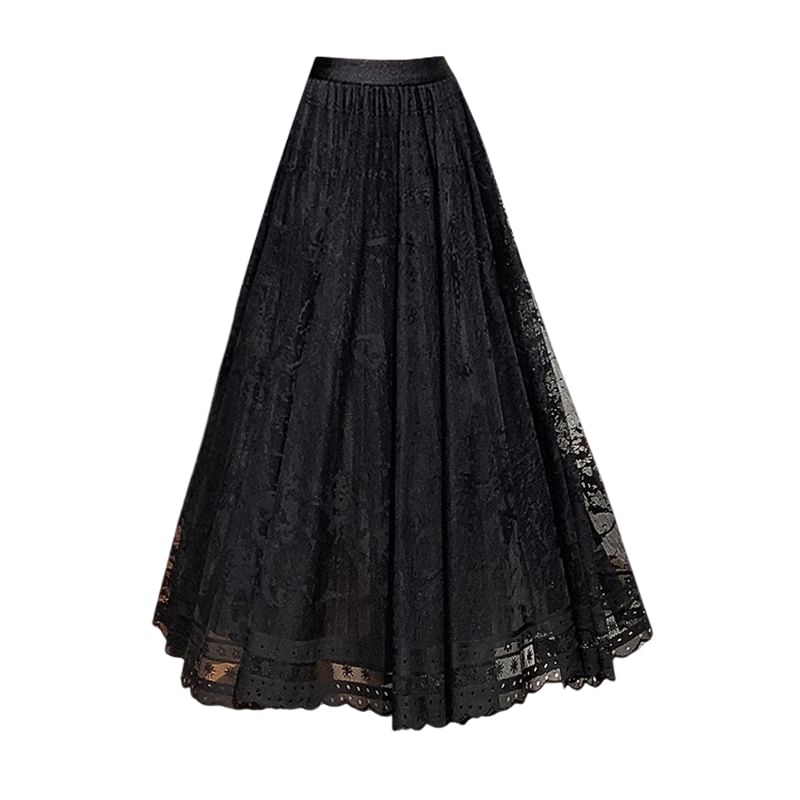 High Waist Lace Midi A-Line Skirt