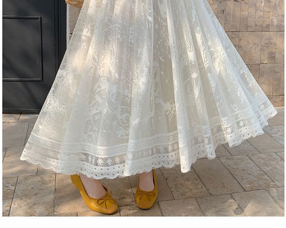 High Waist Lace Midi A-Line Skirt