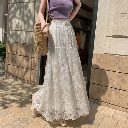 High Waist Lace Maxi A-Line Skirt