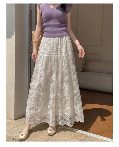 High Waist Lace Maxi A-Line Skirt
