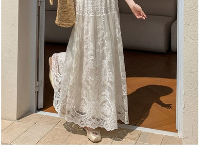 High Waist Lace Maxi A-Line Skirt