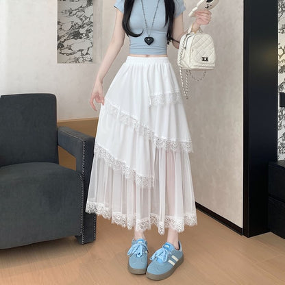 High Waist Asymmetrical Mesh Panel Lace Trim Midi A-Line Skirt