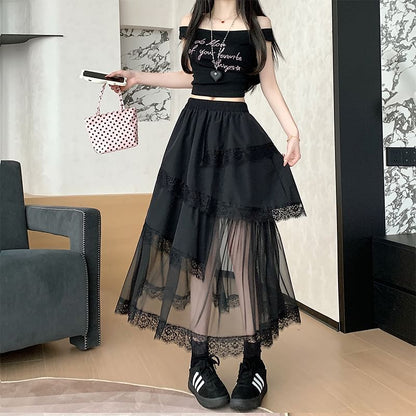 High Waist Asymmetrical Mesh Panel Lace Trim Midi A-Line Skirt