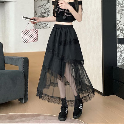 High Waist Asymmetrical Mesh Panel Lace Trim Midi A-Line Skirt