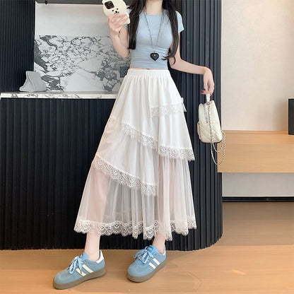 High Waist Asymmetrical Mesh Panel Lace Trim Midi A-Line Skirt