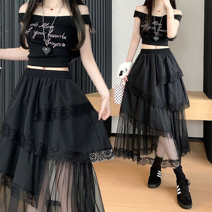 High Waist Asymmetrical Mesh Panel Lace Trim Midi A-Line Skirt