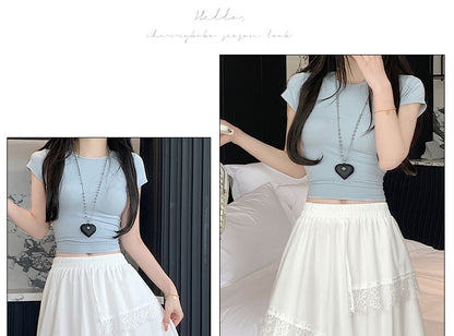 High Waist Asymmetrical Mesh Panel Lace Trim Midi A-Line Skirt