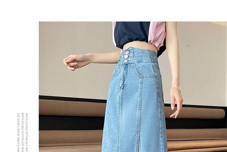 High Rise Washed Slit Denim A-Line Skirt