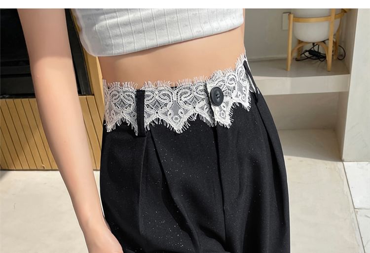 High Rise Glitter Lace Panel Wide Leg Slacks (Various Designs)