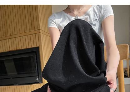 High Rise Glitter Lace Panel Wide Leg Slacks (Various Designs)