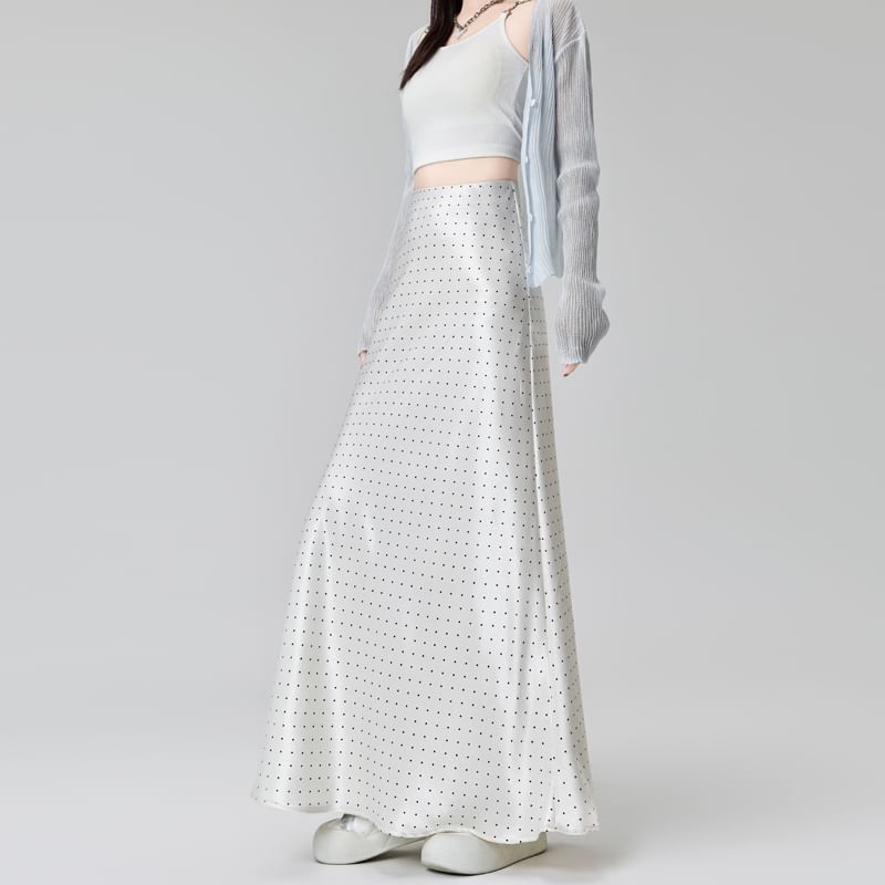 High Waist Dotted Satin Maxi A-Line Skirt