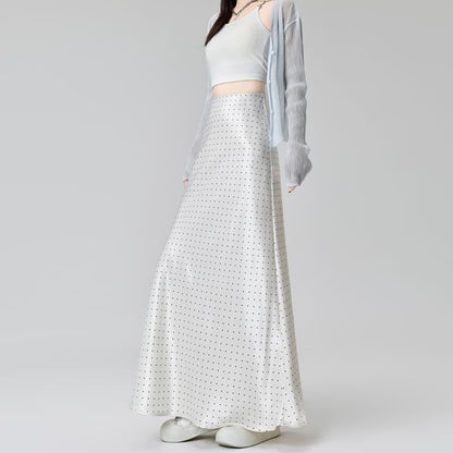 High Waist Dotted Satin Maxi A-Line Skirt