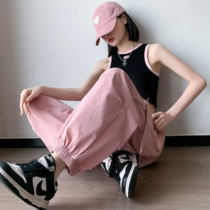 Drawstring Waist Plain Cropped Harem Cargo Pants