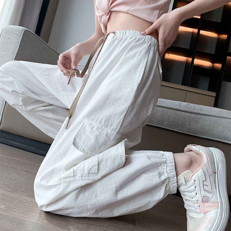 Drawstring Waist Plain Cropped Harem Cargo Pants